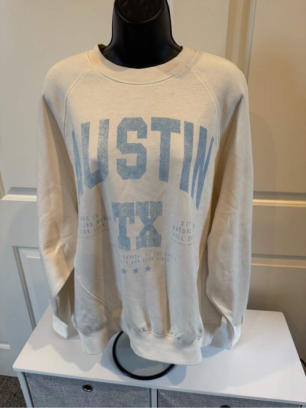 Arizona Jean Company Cream Crewneck with Faded Blue Austin TX Print